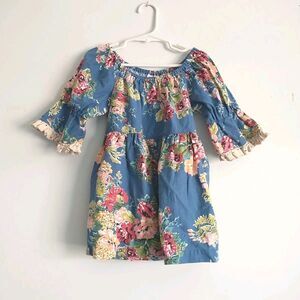 Mathilda Jane Dress Girls 6 Blue Floral LinenBlend FlouceSleeve Ruffle Cottageco